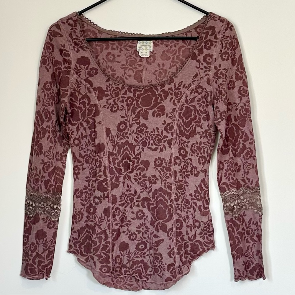 Intimately Free People Burgundy Floral Long Sleeve Top - Size: Medium